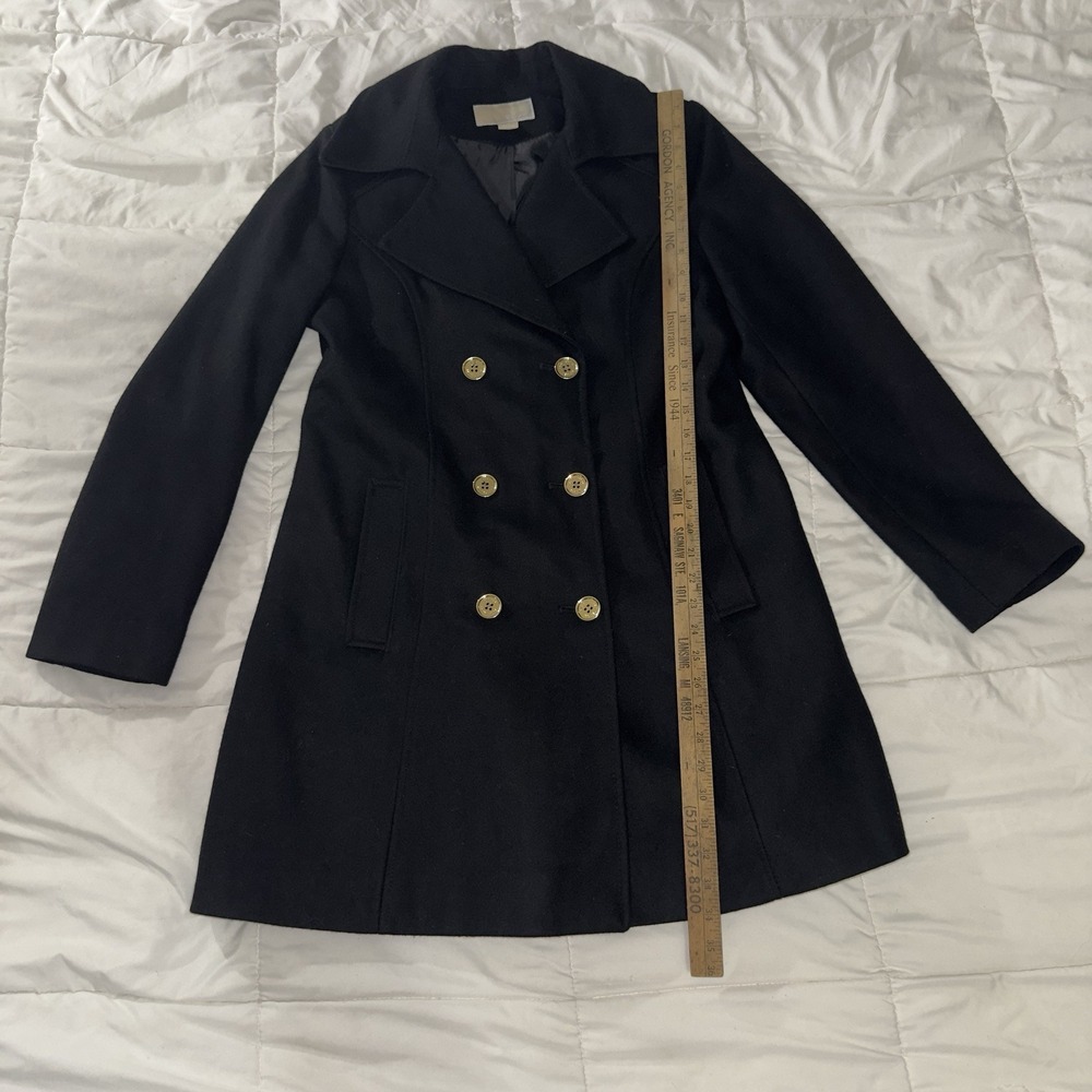 Michael Kors Women's Black Size 10‎ Double-Breasted Wool Blend Coat Long Metal